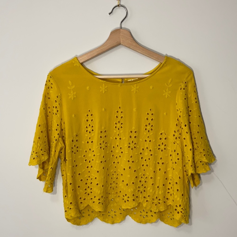 Yellow Eyelet Crop Top w/ Scallop Hem